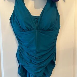 Lands End SlenderSuit Grecian low leg one piece Teal Women's Swimsuit